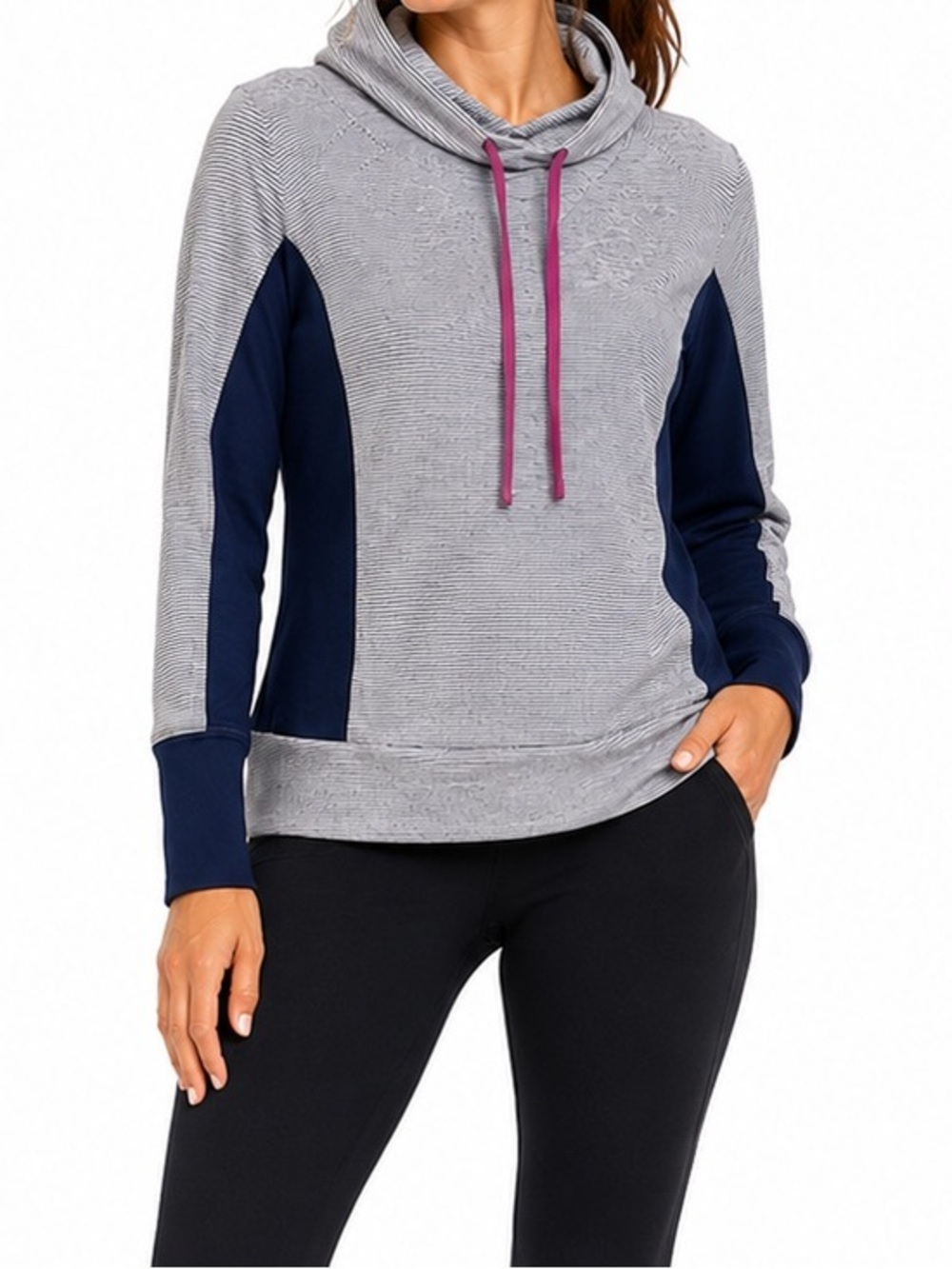 KiwiKate Cowl Neck Pullover Hoodie Gray Striped Athleisure Top XL Stretch